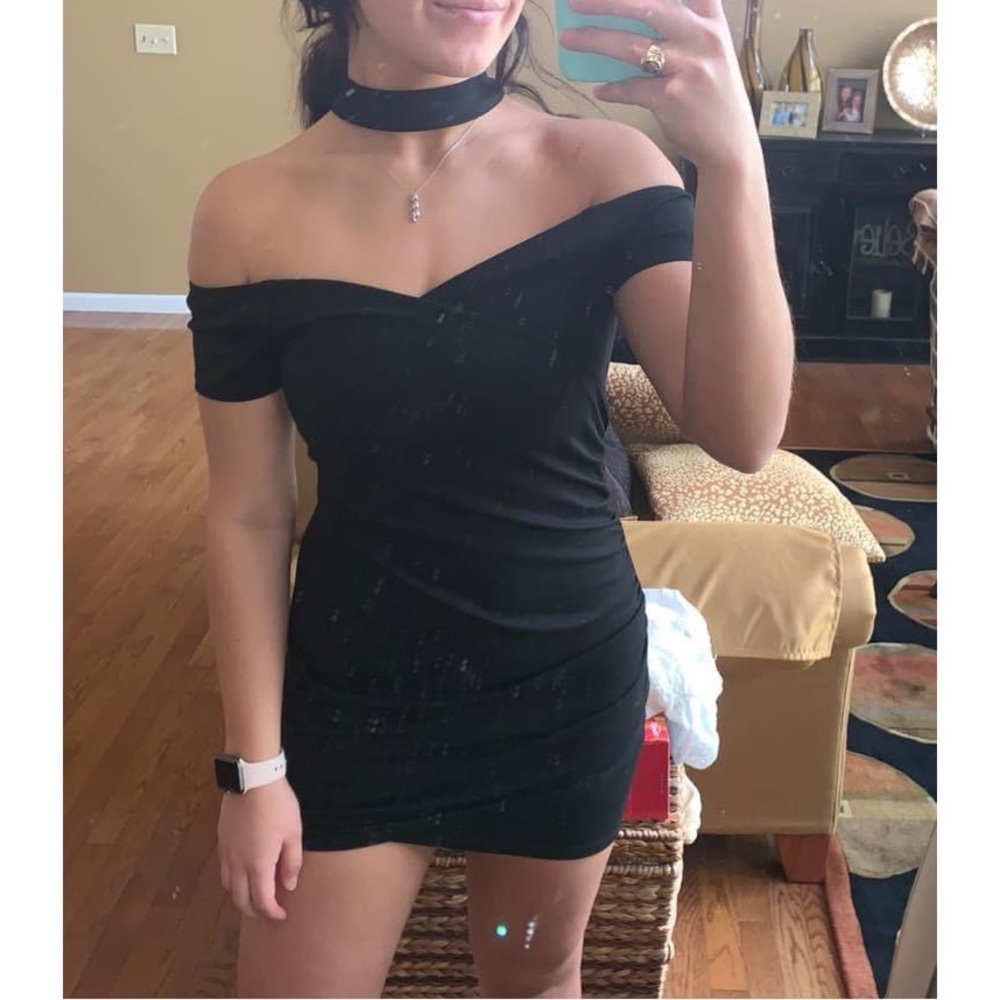 Black bodycon dress with wrap around neck